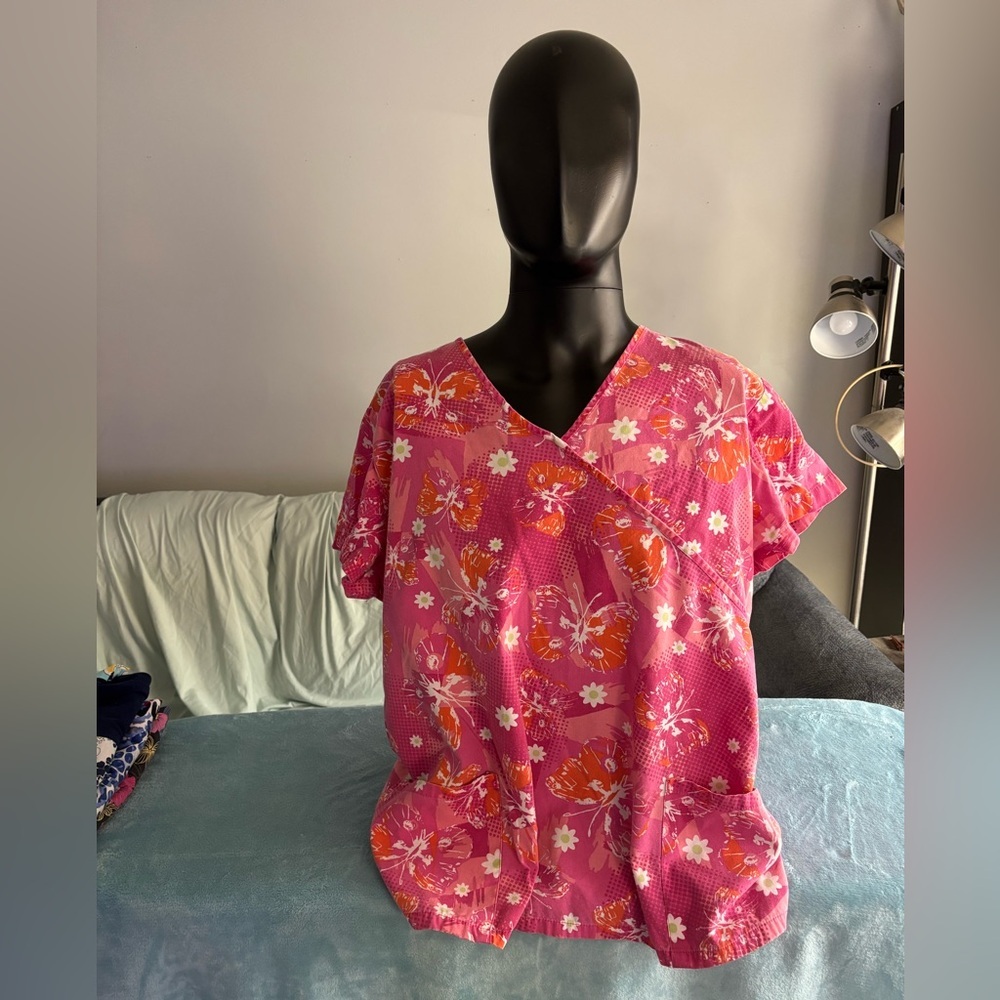 White Cross Pink Floral Women's Scrub Top